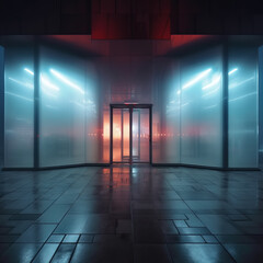 Entrance into a building with glass walls, glowing with neon light. Closed shopping mall during...
