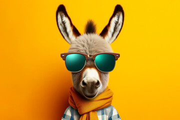 Cute stylish funny donkey wear sunglasses on solid yellow bright background. ai generative