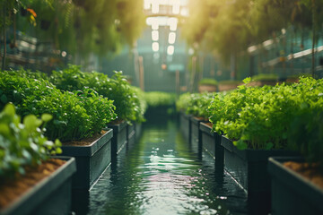 Aquaponic Farming System - An aquaponic system with fish tanks and plant beds in a greenhouse setting - AI Generated - obrazy, fototapety, plakaty
