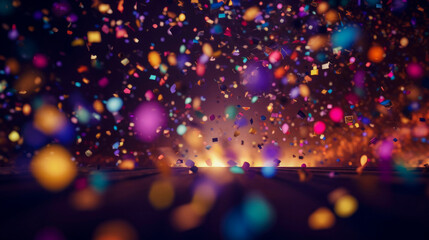 Festive dark colorful background with flying neon round confetti and bright particles. Illustration for greeting card, carnival, holiday, celebration. - obrazy, fototapety, plakaty