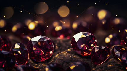 Maroon and golden diamonds in the shape of a heart of different sizes on festive maroon  background. Beautiful Illustration for greeting card, carnival, holiday, celebration. Free space for text.