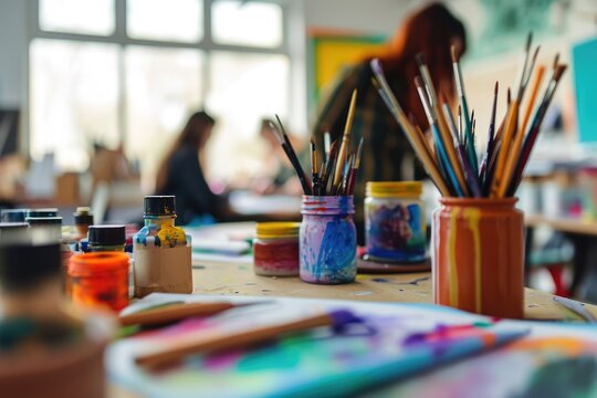 Art Therapy Session - A group of people participating in an art therapy session with various art supplies - AI Generated