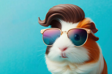 Cute stylish funny Guinea Pig wear sunglasses on solid blue bright background. ai generative - obrazy, fototapety, plakaty