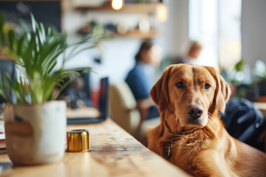 Pet friendly Workplace - An office environment where employees work at desks with their pets beside them - AI Generated