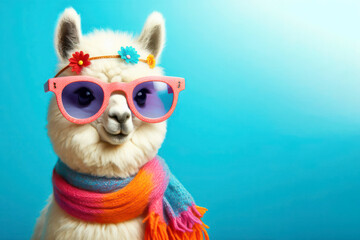 Cute stylish funny llama wear sunglasses on solid blue bright background. ai generative