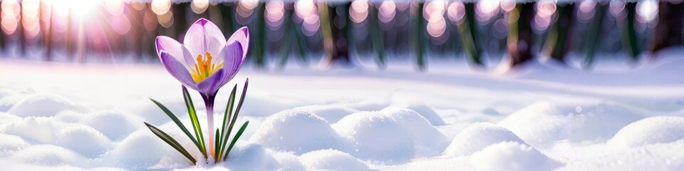 Photorealistic banner first spring flower bloomed among snow on blurred forest background, background for design for Valentine's Day or Women's Day, place for text