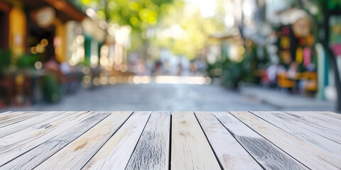 Empty white wooden table, with blurred background of a Latin American city