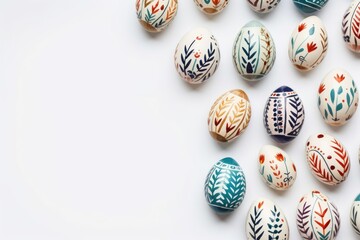 colorful Easter eggs with a pattern on a light background, a place for text