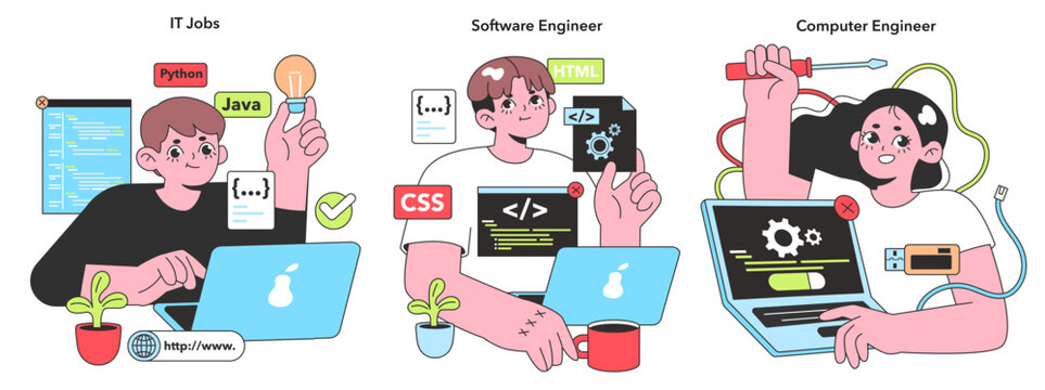 Vibrant vector illustration capturing IT professionals in their element, from coding in Python to engineering computers, embodying the spirit of tech innovation.