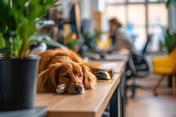 Pet friendly Workplace - An office environment where employees work at desks with their pets beside...