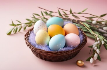 colorful Easter eggs in a wicker basket with willow twigs on a pink background