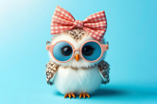 Cute stylish funny owl wear sunglasses on solid blue bright background. ai generative