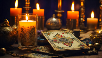 Naklejka na ściany i meble Tarot cards, candles background spiritual