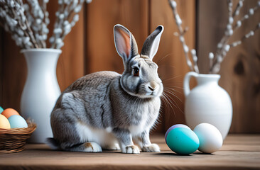 a gray rabbit sits on the table, next to Easter eggs and willow branches