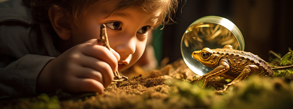 close-up of a child looking at a frog.Generative AI