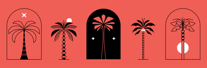 Palm tree thin line icon abstract design summer logo template modern minimal linear emblem for vacations rentals and travel services. Vector illustration