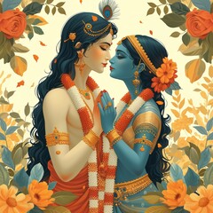Indian lovers, radha, krishna, deva, illustration flat design style