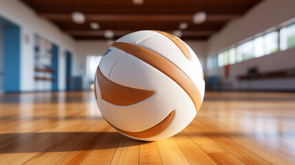 A volleyball ball lies on the court on a wooden court with blurred windows in the background