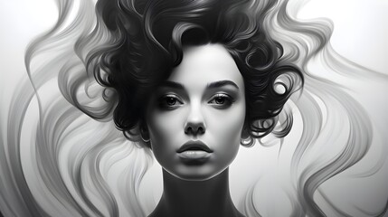 Abstract Portrait in Grayscale of a Beautiful woman, Enigmatic Portrait of a Beautiful Woman with Flowing Hair. Generative AI