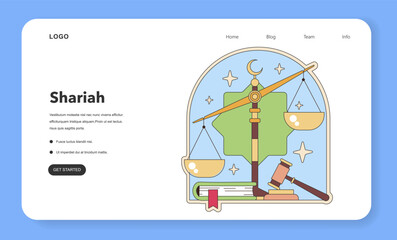 Shariah law concept with scales of justice under a crescent moon. Symbolizes Islamic legal studies and jurisprudence. Flat vector illustration