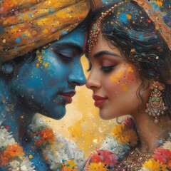 Indian couple of lovers, radha, krishna, pop art, painting, watercolor - obrazy, fototapety, plakaty