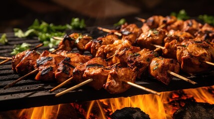 Chicken tikka kabab on charcoal flame grill. Professional closeup photography, studio shot...