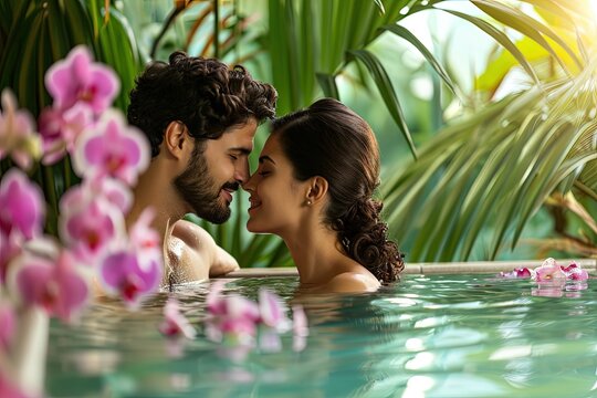 A couple man and woman enjoying a romantic spa day in a tropical spa with many orchids pink flowers