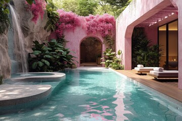  tropical pink house with pool surrounded by green forest