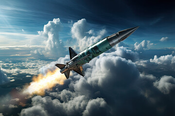 A cancer flying in the sky above the clouds. A rocket is flying in the sky. Close-up. - obrazy, fototapety, plakaty