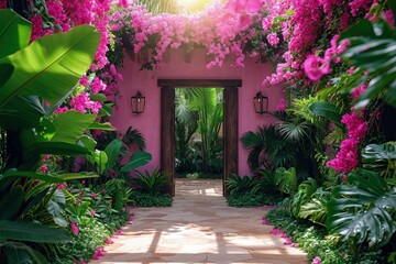 Fototapeta na wymiar A luxury tropical villa surrounded by pink flowers