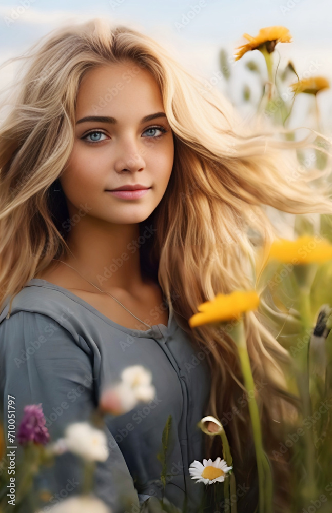 Wall mural a beautiful girl with the yellow field flowers in the nature