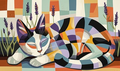 minimalistic cubism artwork a cat with lavender