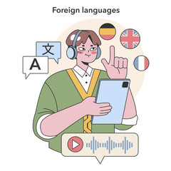 Foreign Languages acquisition concept. Energetic student engaging in multilingual education. Digital learning tools for linguistic skill enhancement. Flat vector illustration