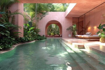 Pink tropical villa with pool surrounded by  green forest
