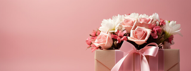 a bouquet of flowers and a gift on a pink background.Generative AI
