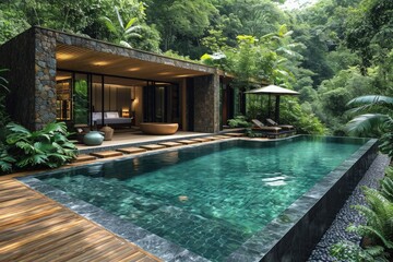 A tropical house with pool surrounded by  green forest