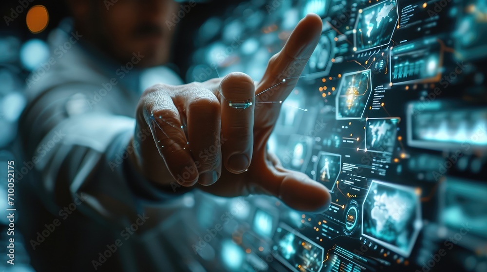 Aufkleber close up businessman hand interacting with a virtual interface. generative ai.