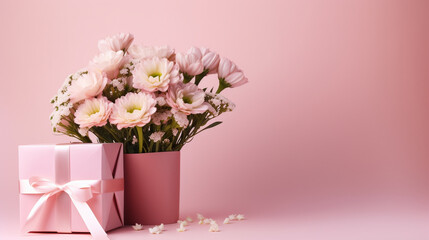 a bouquet of flowers and a gift on a pink background.Generative AI