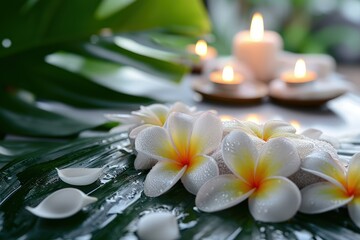 Fototapeta na wymiar spa day with white tropical flowers and candles