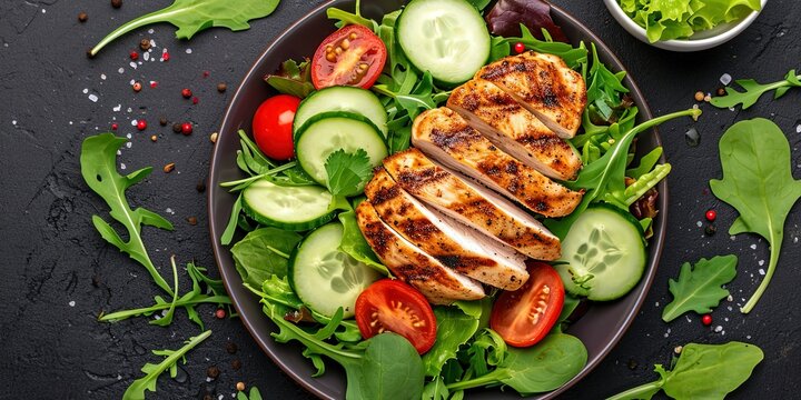 Balanced healthy lunch , chicken , fish , cereals , avocado ,grilled, a combination of vegetables  background , wallpaper