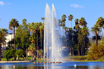 Los Angeles, California: Echo Park Lake fountain, lake and urban park in the Echo Park neighborhood of Los Angeles