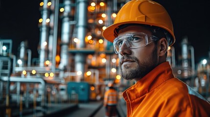 Petroleum oil refinery engineer worker in oil and gas industrial with personal safety equipment. Generative AI.