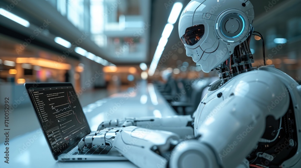 Aufkleber white robot ai working on laptop in a large corporate office. generative ai.