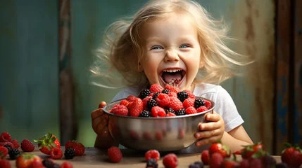 Fotobehang The child eats fruit, the child has lunch. Concept of healthy food. Baby and food.Generative AI © Артур Комис