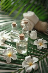 Fototapeta na wymiar Herbal spa oils ingredients with green leaves