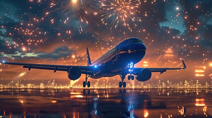 Happy new year 2024, Jets airplane, Glitter, Fireworks. Generative AI.