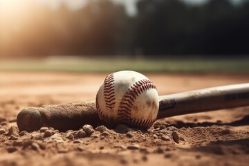 Baseball in a mitt with a black bat low angle. Generative.AI