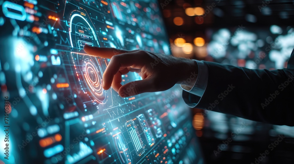 Poster Businessman hand interacting with a virtual interface. Generative AI.