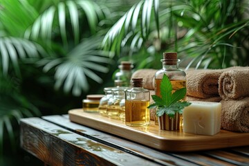 Fototapeta na wymiar Herbal oils spa with floral tropical ingredients