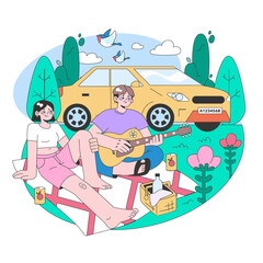 Road trip. Young people or family going on vacation by a car. Characters driving automobile on holidays, traveling the world together. Flat vector illustration